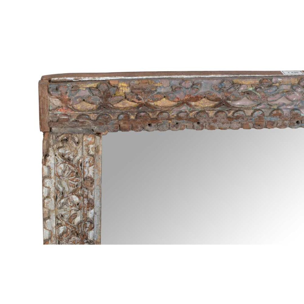 Vintage Teak & Faded Pastel Floral Carved Wall Mirror – Rajasthan c19th Century - Image 2