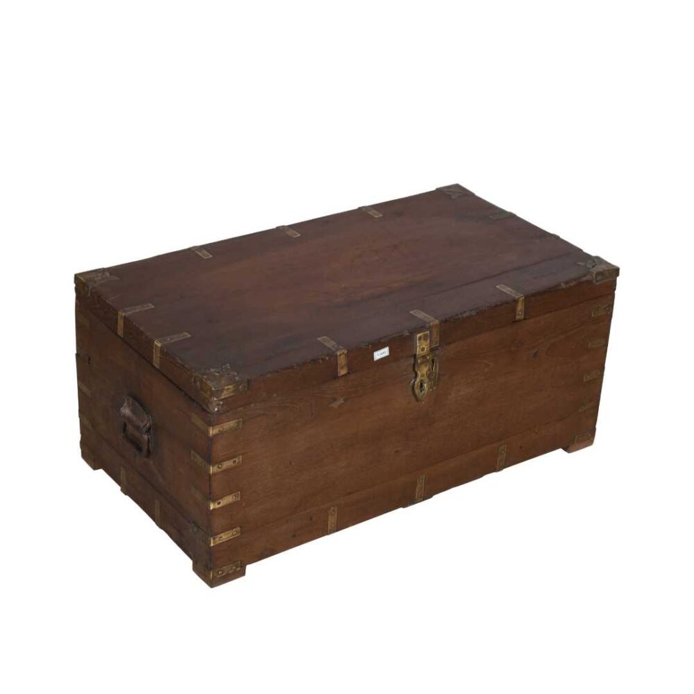 Antique Chestnut Teak & Brass Bound Dowry Treasure Chest Coffee Side Table – Gujarat c19th Century - Image 3