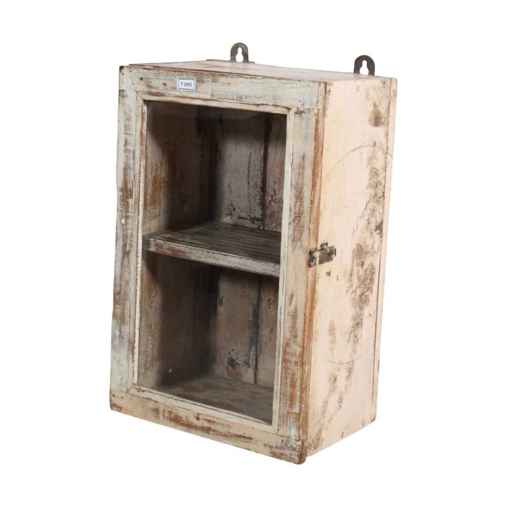 Antique Whitewashed Teak Wall Mounted Spice or Medicine Cabinet – India c1920