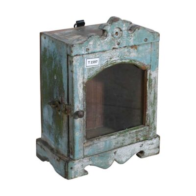Antique Verdigris Blue Teak Wall Mounted Spice or Medicine Cabinet – India c1920