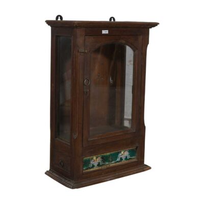 Antique Chestnut Teak Wall Mounted Spice or Medicine Cabinet with Green Ceramic Tiles & Drawers – India c1920