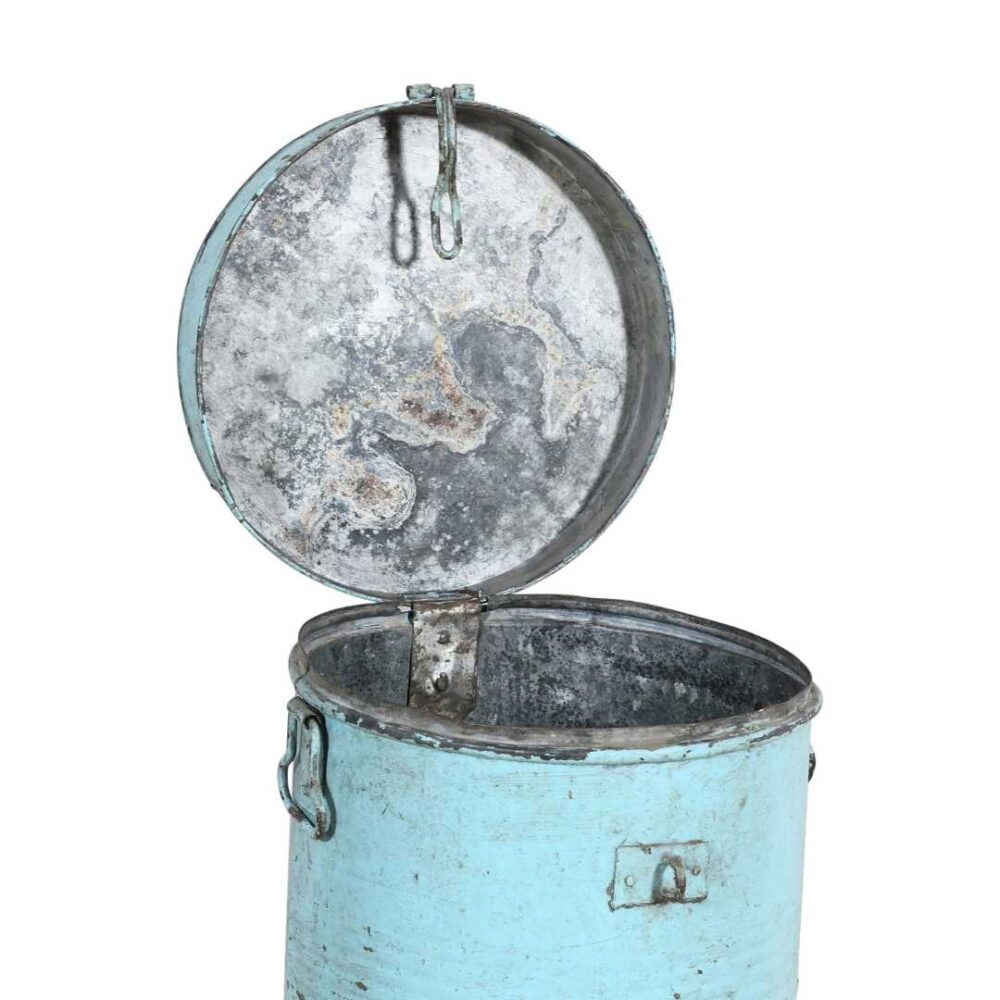 Antique Turquoise Blue Indian Iron Rice Storage Container - Vintage Grain Cannister - Image 3