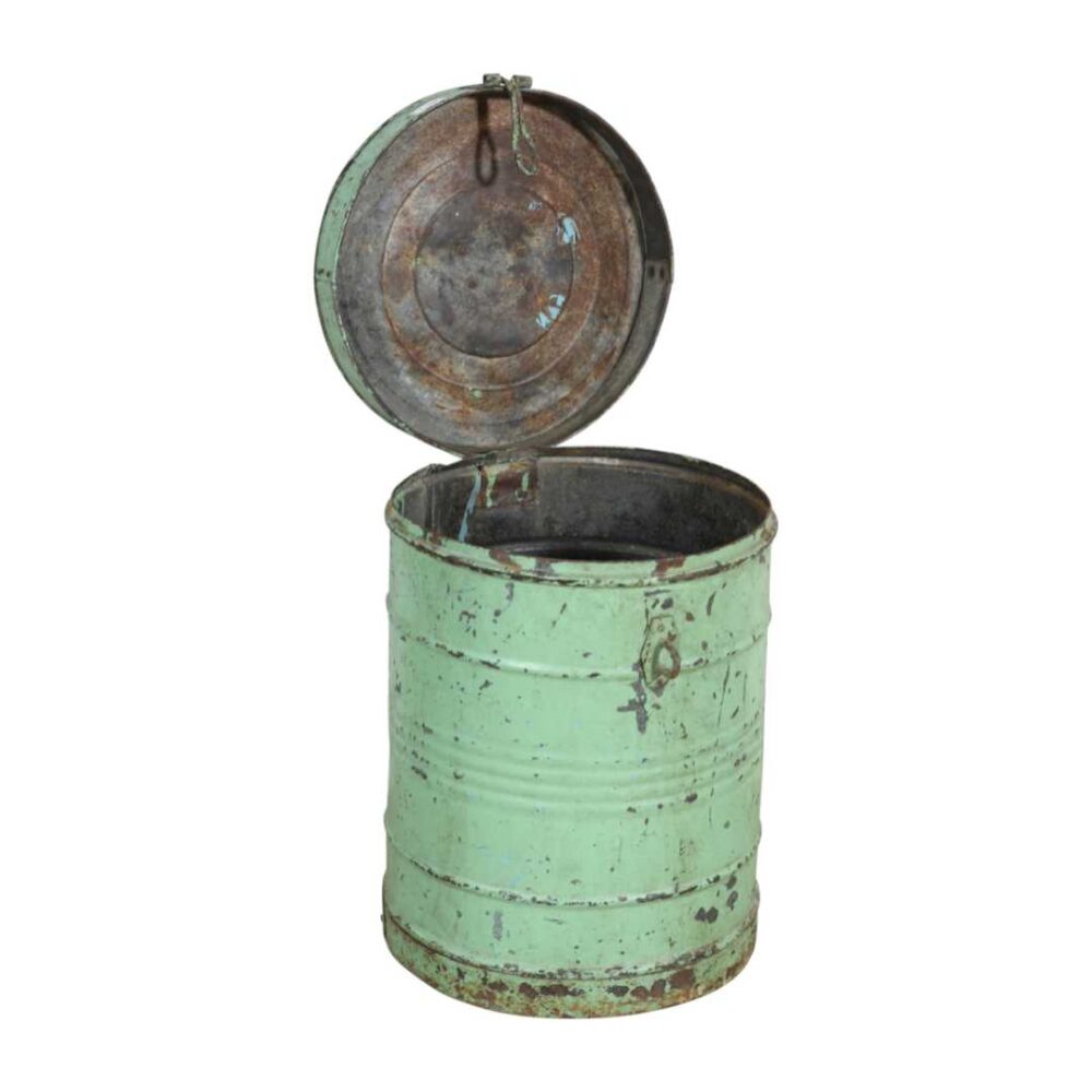 Antique Mint Green Indian Iron Rice Storage Container – Vintage Metal Cannister - Image 2