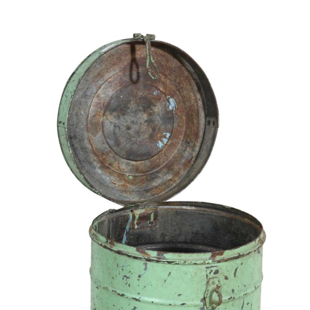 Antique Mint Green Indian Iron Rice Storage Container – Vintage Metal Cannister - Image 3