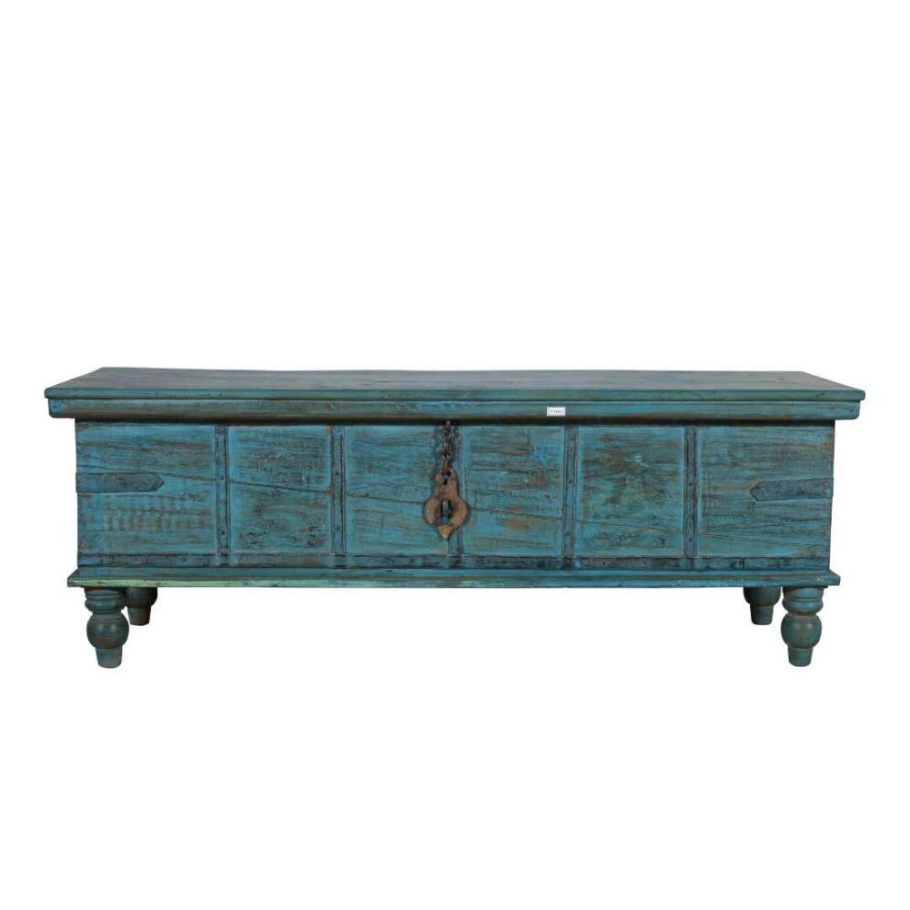 Antique Distressed Turquoise Blue Indian Quarter Teak Wood Surti Coffee Table Chest – c.1860 - Image 4
