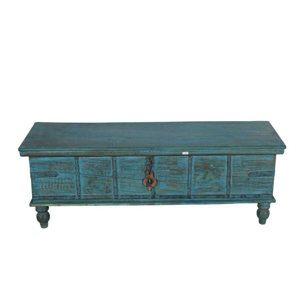 Antique Distressed Turquoise Blue Indian Quarter Teak Wood Surti Coffee Table Chest – c.1860