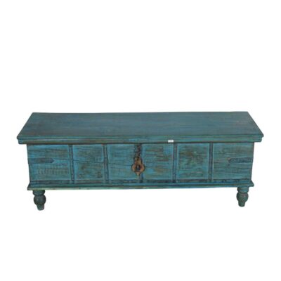 Antique Distressed Turquoise Blue Indian Quarter Teak Wood Surti Coffee Table Chest – c.1860