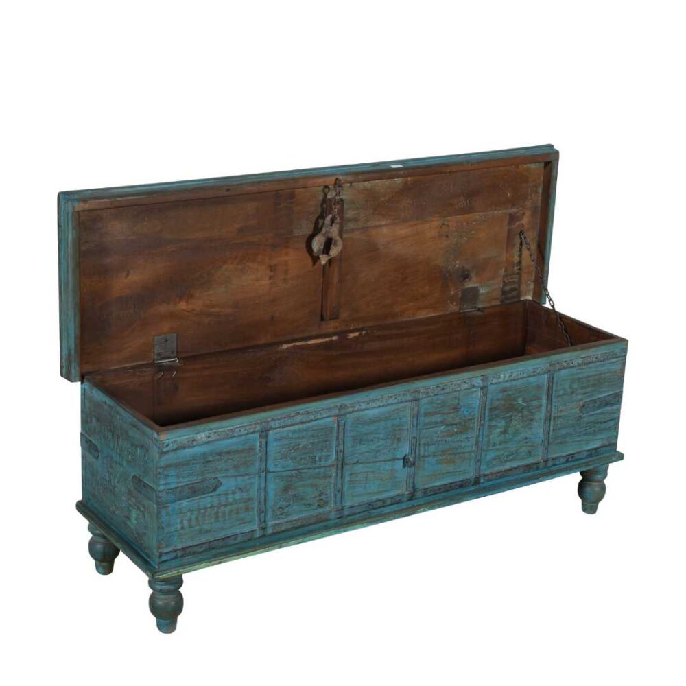 Antique Distressed Turquoise Blue Indian Quarter Teak Wood Surti Coffee Table Chest – c.1860 - Image 2