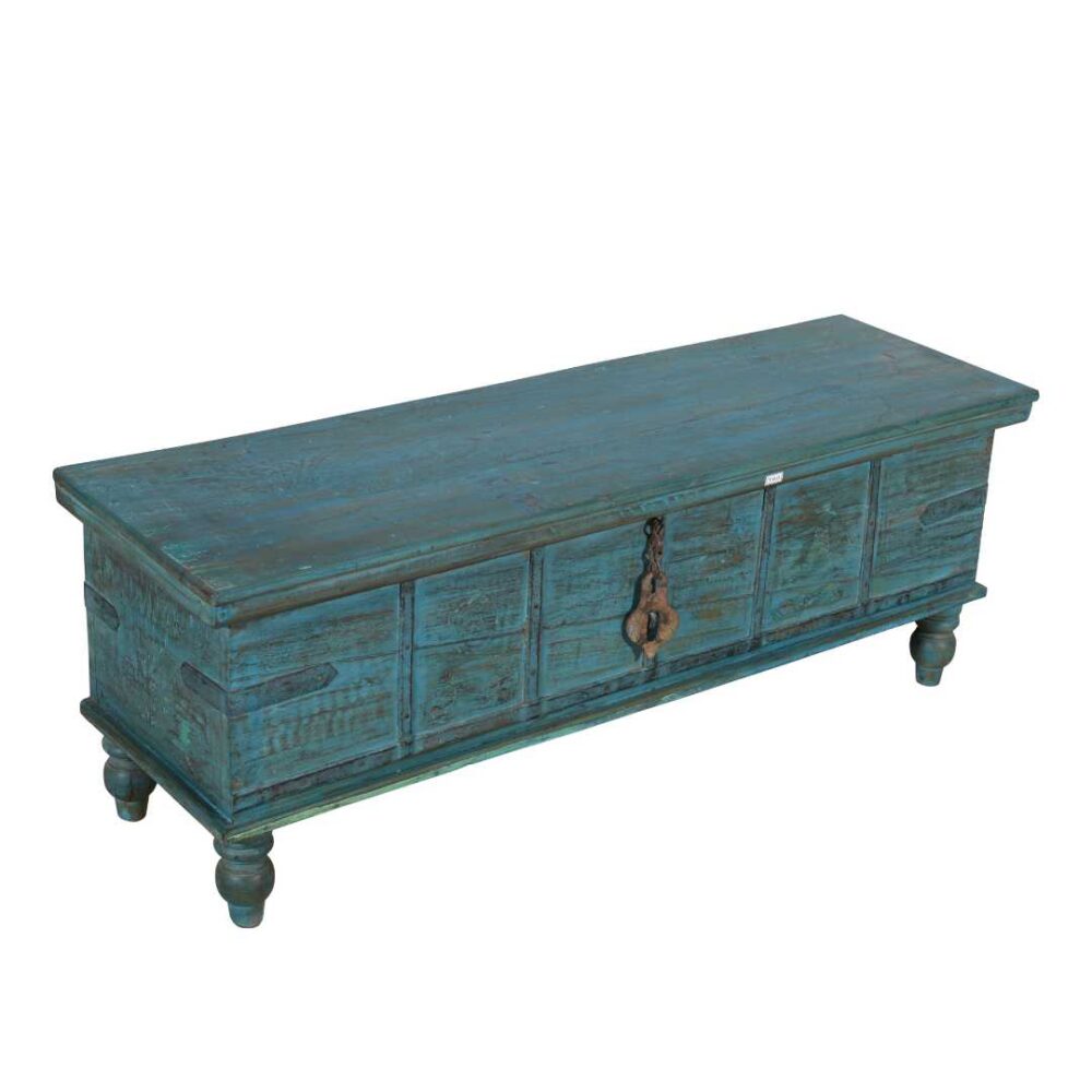 Antique Distressed Turquoise Blue Indian Quarter Teak Wood Surti Coffee Table Chest – c.1860 - Image 3