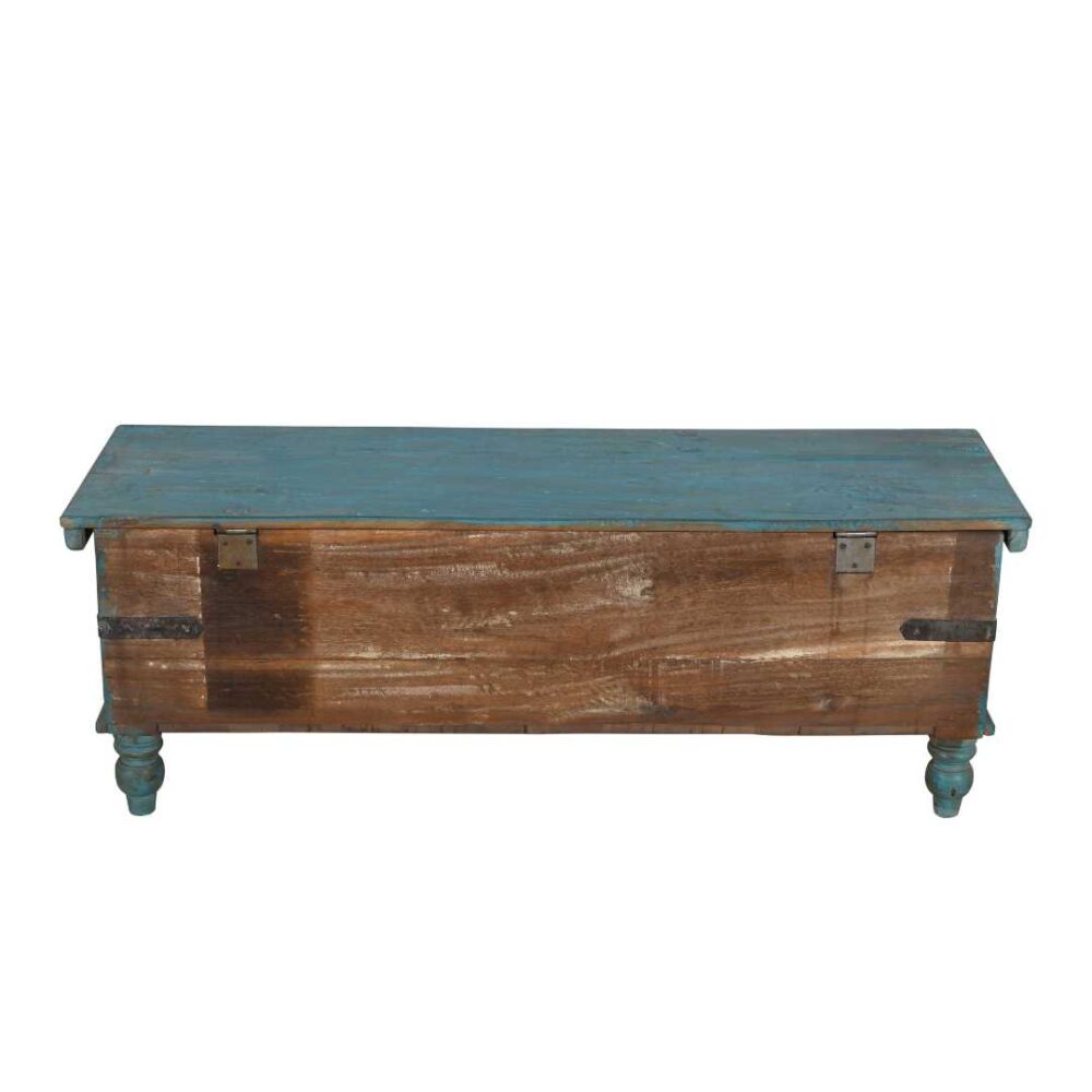 Antique Distressed Turquoise Blue Indian Quarter Teak Wood Surti Coffee Table Chest – c.1860 - Image 5