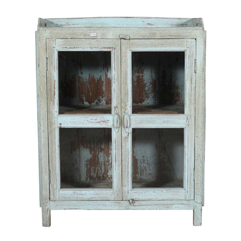 Antique Distressed Powder Blue Teak Glass Almirah – 1900s Indian Cabinet