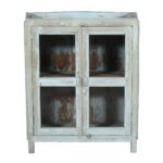 Antique Distressed Powder Blue Teak Glass Almirah – 1900s Indian Cabinet