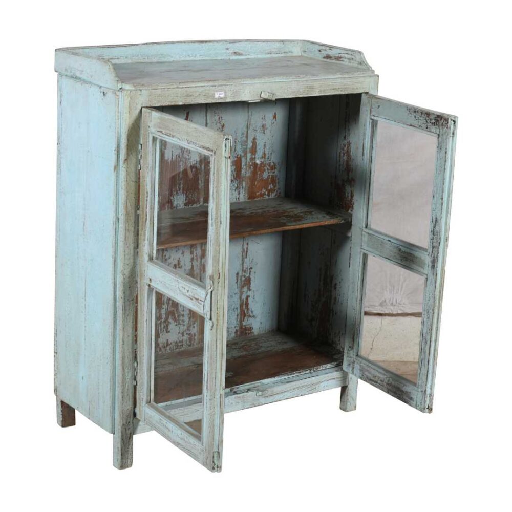Antique Distressed Powder Blue Teak Glass Almirah – 1900s Indian Cabinet - Image 3