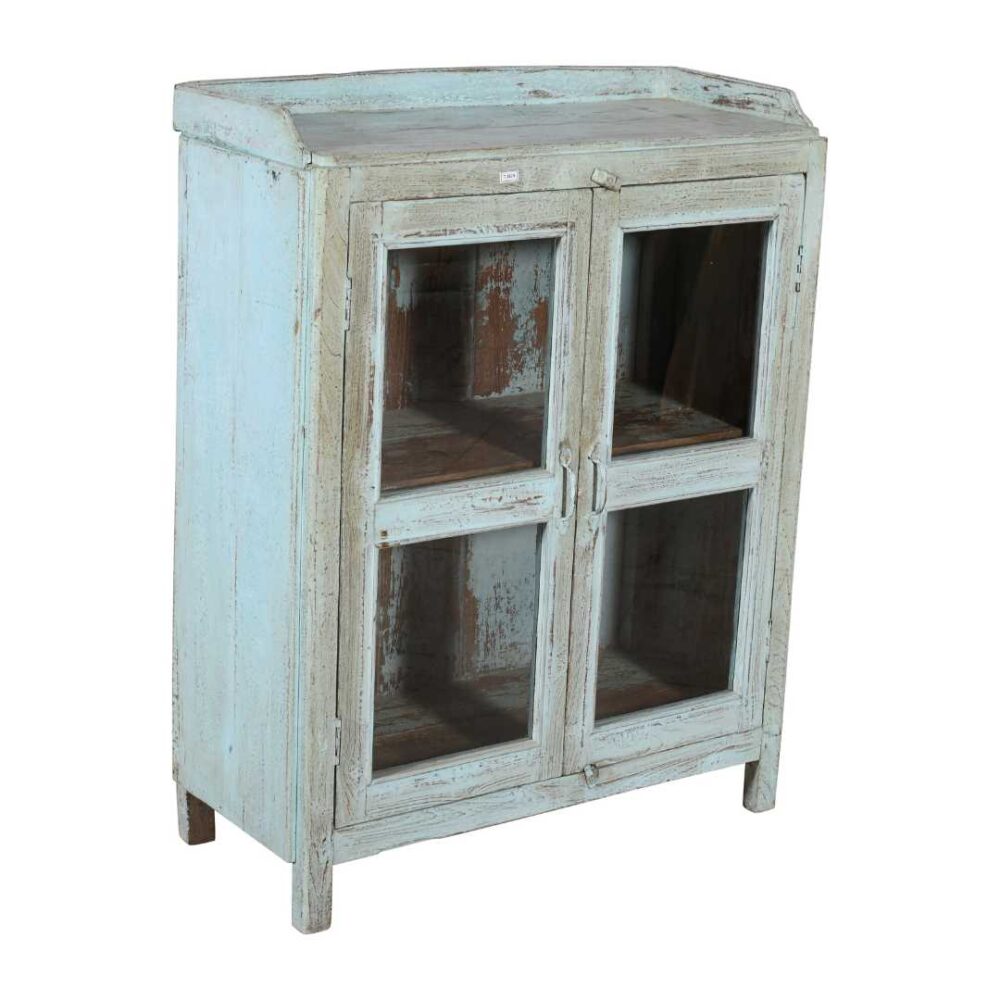 Antique Distressed Powder Blue Teak Glass Almirah – 1900s Indian Cabinet - Image 2