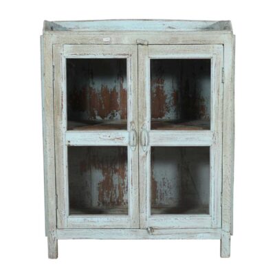 Antique Distressed Powder Blue Teak Glass Almirah – 1900s Indian Cabinet