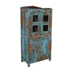 Antique Distressed Turquoise Teak Glass Almirah – Indian Cabinet c.1900