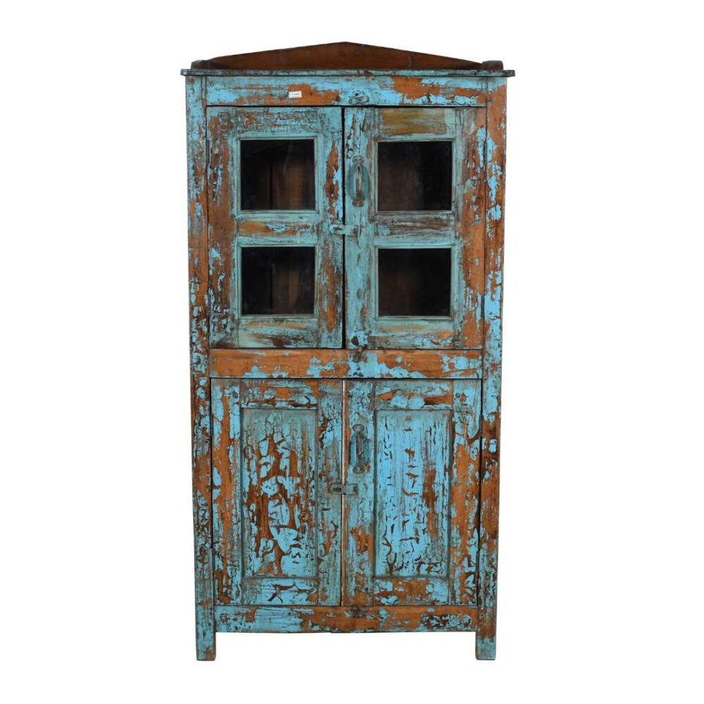 Antique Distressed Turquoise Teak Glass Almirah – Indian Cabinet c.1900 - Image 4