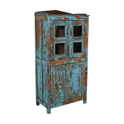 Antique Distressed Turquoise Teak Glass Almirah – Indian Cabinet c.1900
