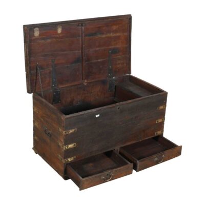 Antique Deep Chestnut Brown Indian Teak Dowry Treasure Chest Coffee Side Table