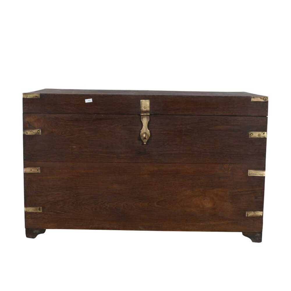 Antique Mahogany Brown Indian Teak Dowry Treasure Chest Coffee Side Table – Brass Bound - Image 5