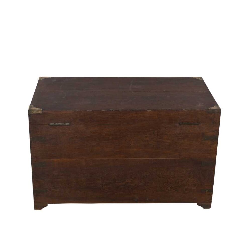 Antique Mahogany Brown Indian Teak Dowry Treasure Chest Coffee Side Table – Brass Bound - Image 4