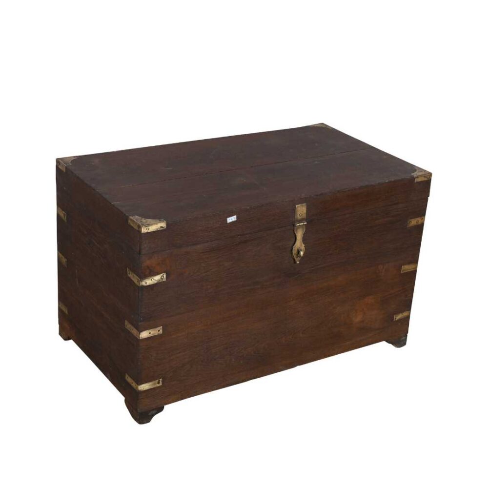 Antique Mahogany Brown Indian Teak Dowry Treasure Chest Coffee Side Table – Brass Bound - Image 3