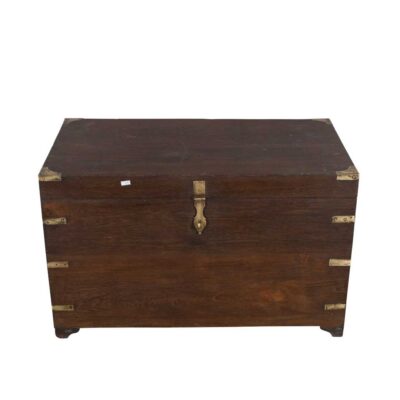 Antique Mahogany Brown Indian Teak Dowry Treasure Chest Coffee Side Table – Brass Bound