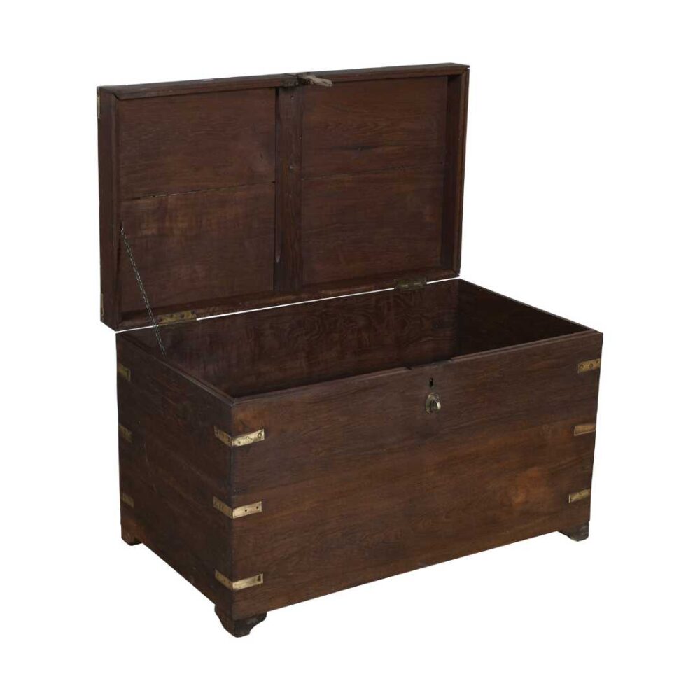 Antique Mahogany Brown Indian Teak Dowry Treasure Chest Coffee Side Table – Brass Bound - Image 2