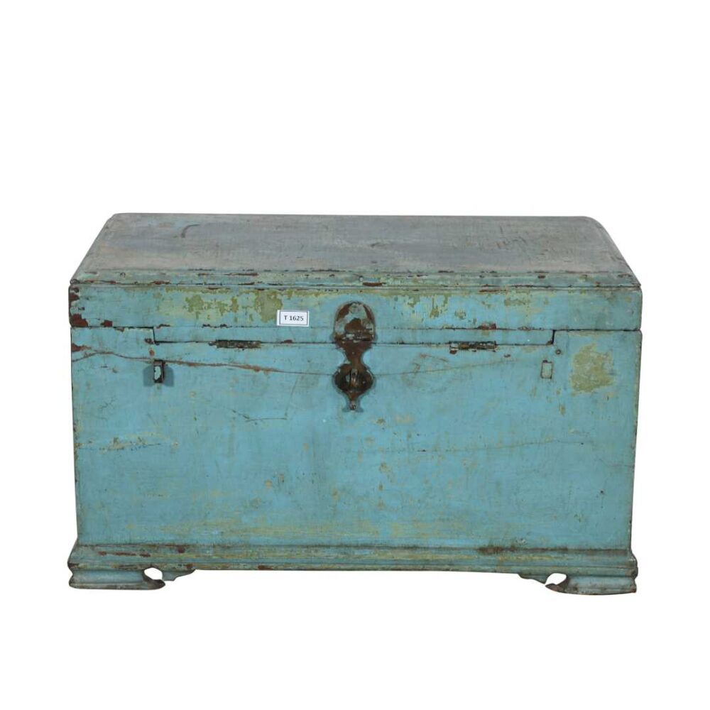 Antique Distressed Aqua Blue Indian Teak Dowry Treasure Chest Coffee Side Table - Image 2