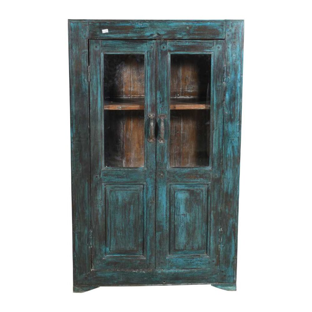 Antique Distressed Teal Blue Indian Teak Glass Almirah – 1900s Kitchen or Bathroom Cabinet