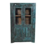 Antique Distressed Teal Blue Indian Teak Glass Almirah – 1900s Kitchen or Bathroom Cabinet
