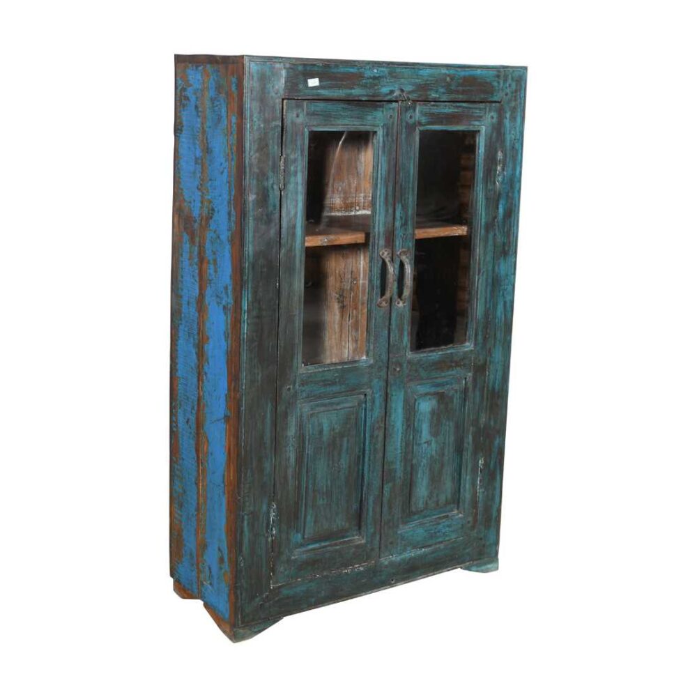 Antique Distressed Teal Blue Indian Teak Glass Almirah – 1900s Kitchen or Bathroom Cabinet - Image 2