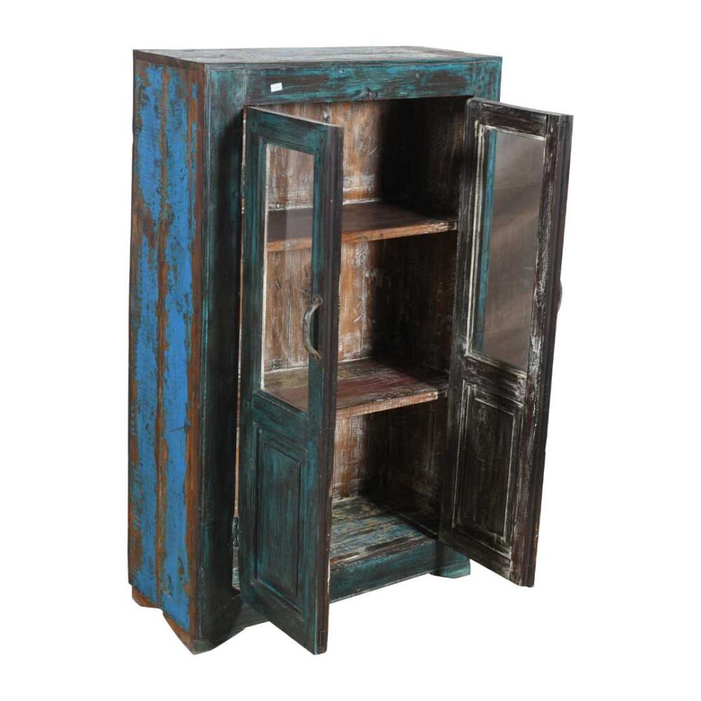 Antique Distressed Teal Blue Indian Teak Glass Almirah – 1900s Kitchen or Bathroom Cabinet - Image 3
