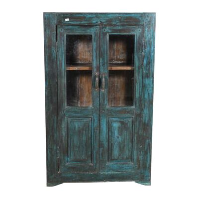 Antique Distressed Teal Blue Indian Teak Glass Almirah – 1900s Kitchen or Bathroom Cabinet