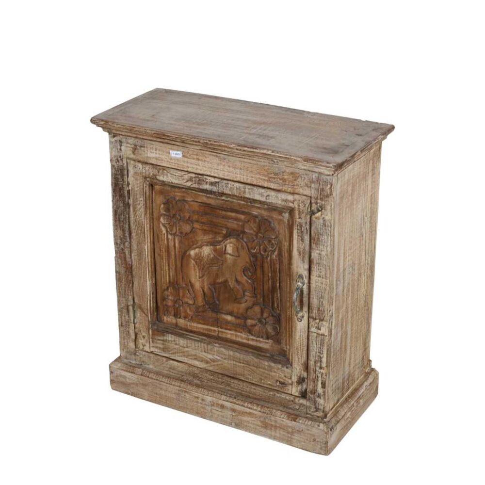 Vintage Whitewashed Natural Teak Indian Bedside Cabinet with Elephant Carving - Image 2