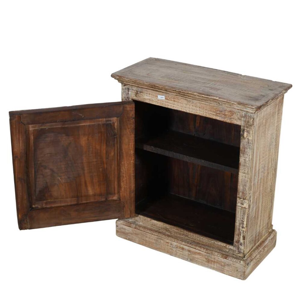 Vintage Whitewashed Natural Teak Indian Bedside Cabinet with Elephant Carving - Image 3