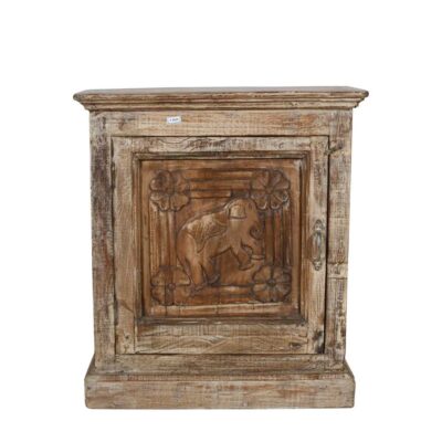 Vintage Whitewashed Natural Teak Indian Bedside Cabinet with Elephant Carving