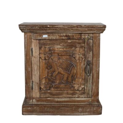 Vintage Rustic Brown Indian Teak Bedside Cabinet with Hand-Carved Elephant Motif
