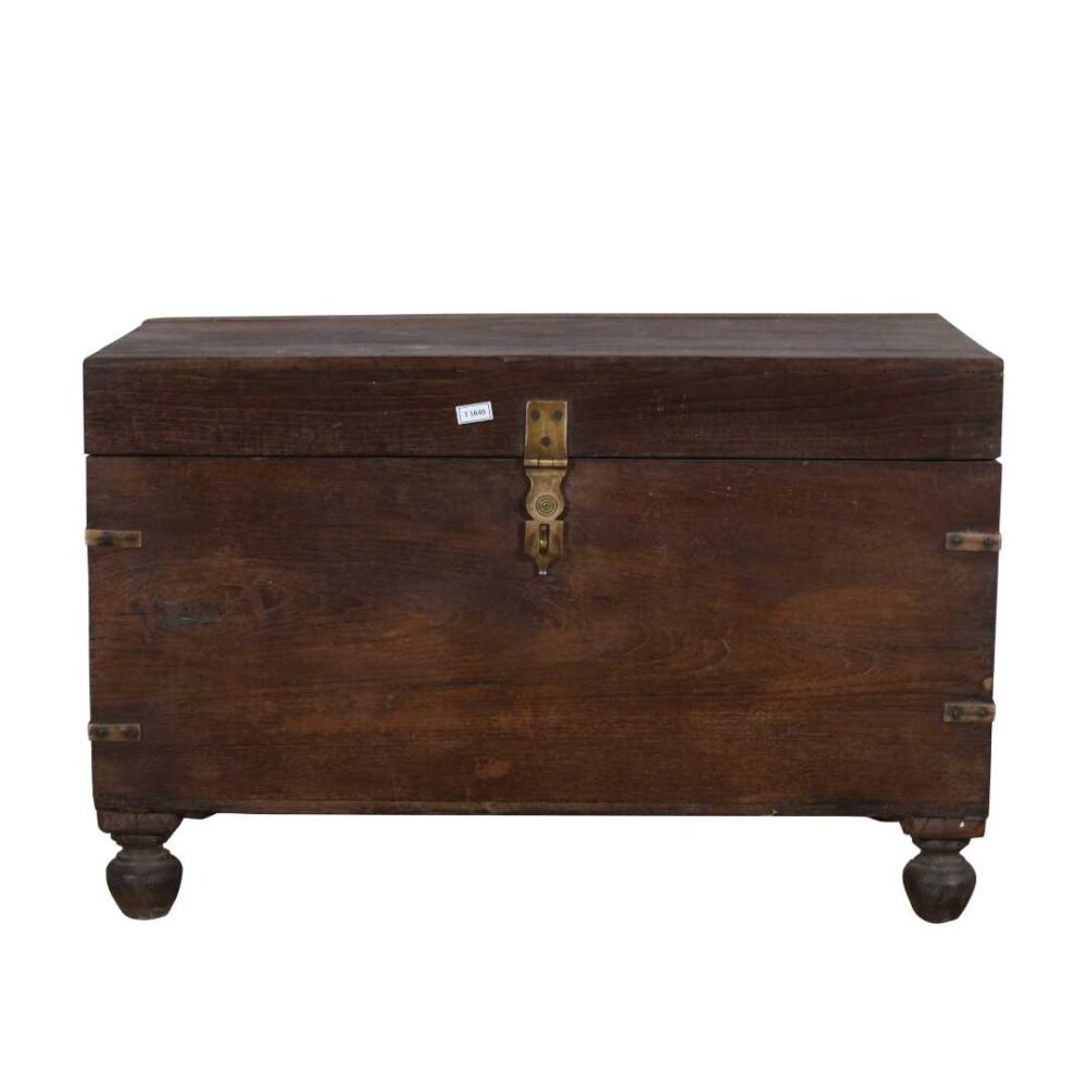 Antique Deep Mahogany Brown Indian Teak Dowry Treasure Chest Coffee Side Table