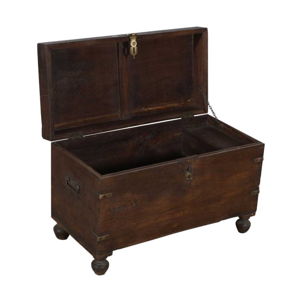 Antique Deep Mahogany Brown Indian Teak Dowry Treasure Chest Coffee Side Table - Image 5
