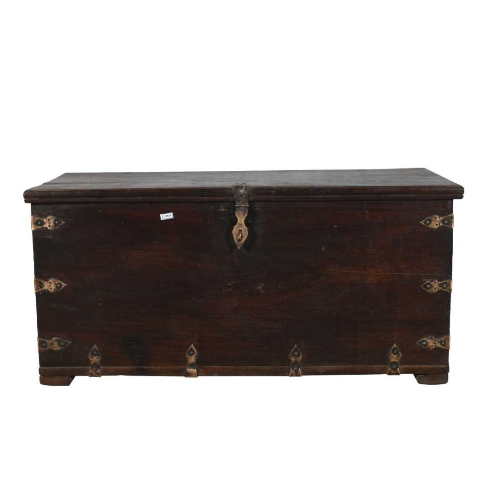 Antique Deep Walnut Brown Indian Teak Dowry Treasure Chest Coffee Side Table