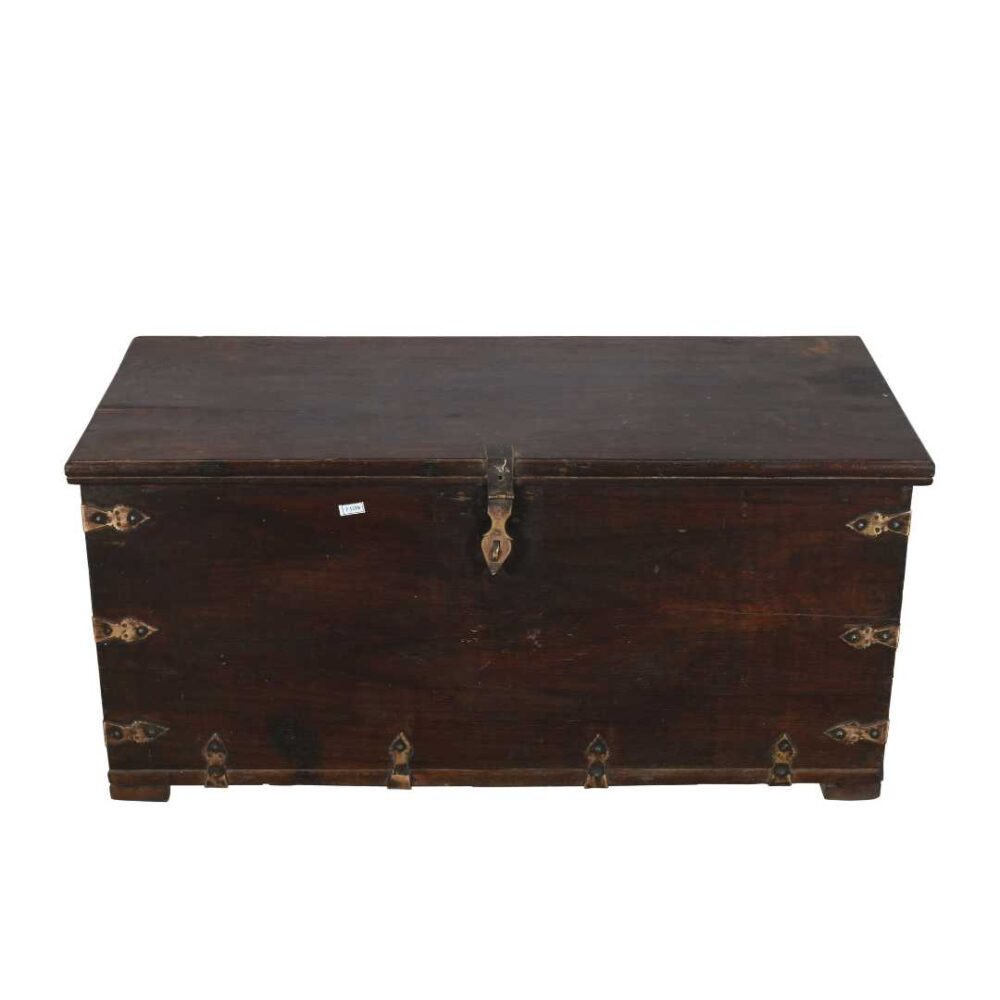 Antique Deep Walnut Brown Indian Teak Dowry Treasure Chest Coffee Side Table - Image 3