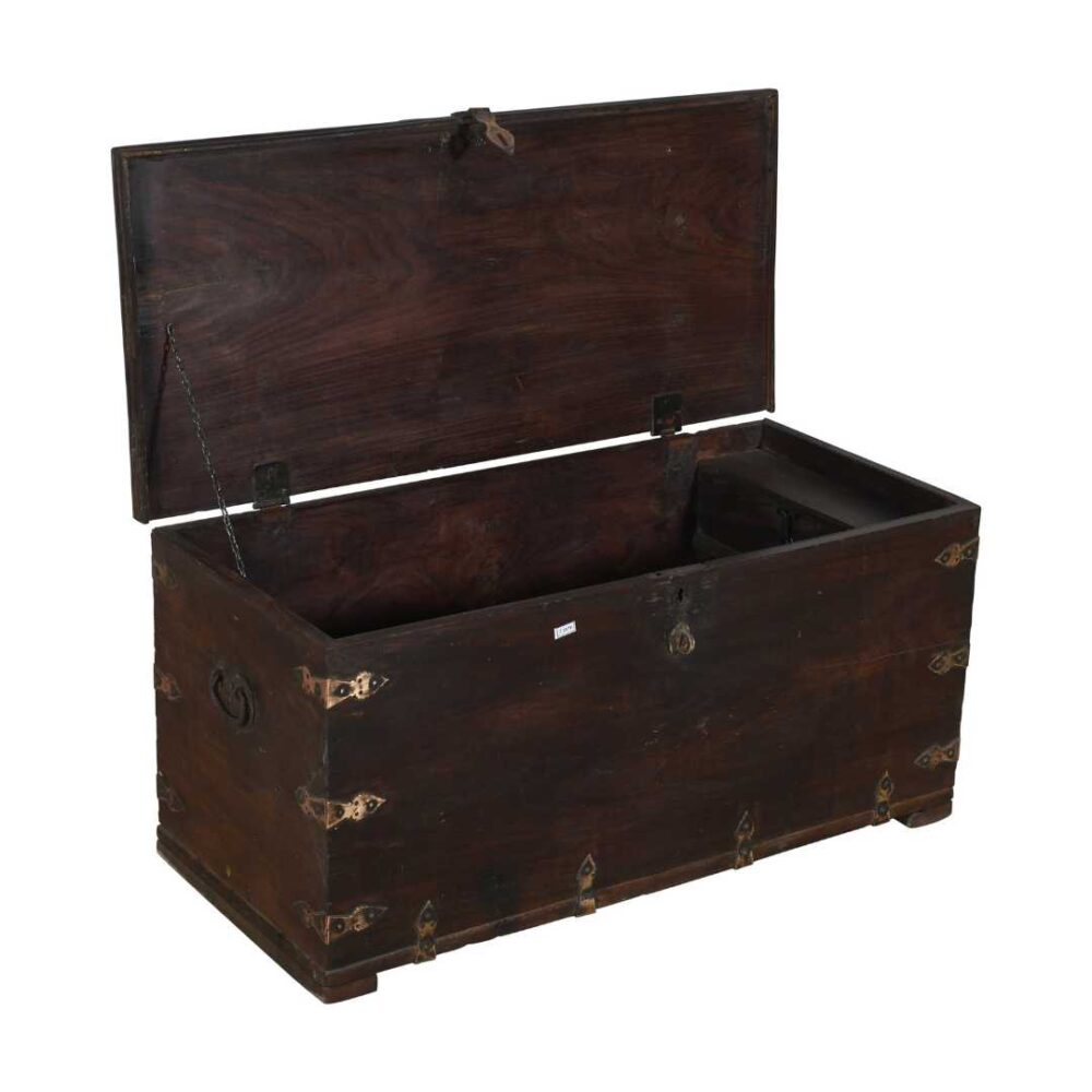 Antique Deep Walnut Brown Indian Teak Dowry Treasure Chest Coffee Side Table - Image 2