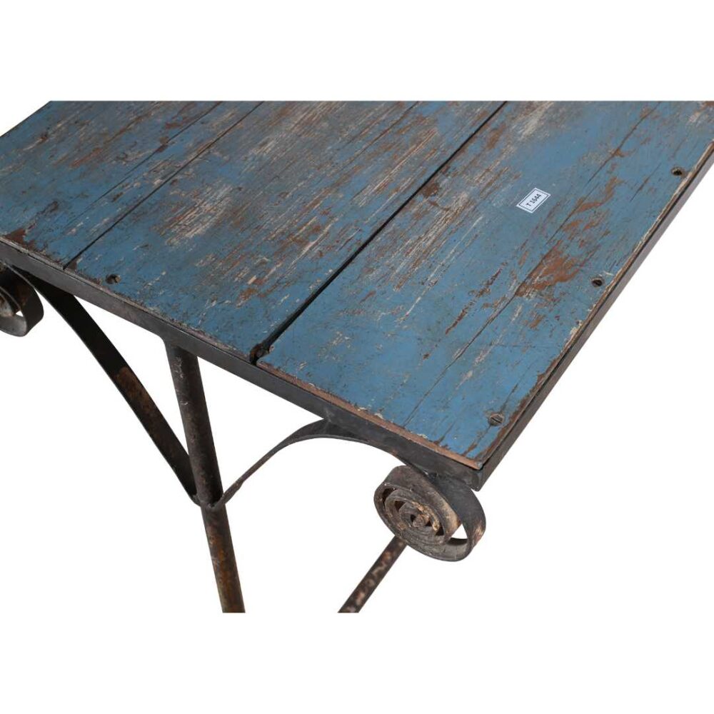Antique Distressed Blue & Rustic Iron Indian Teak Wood Side Table – c.1880 - Image 4