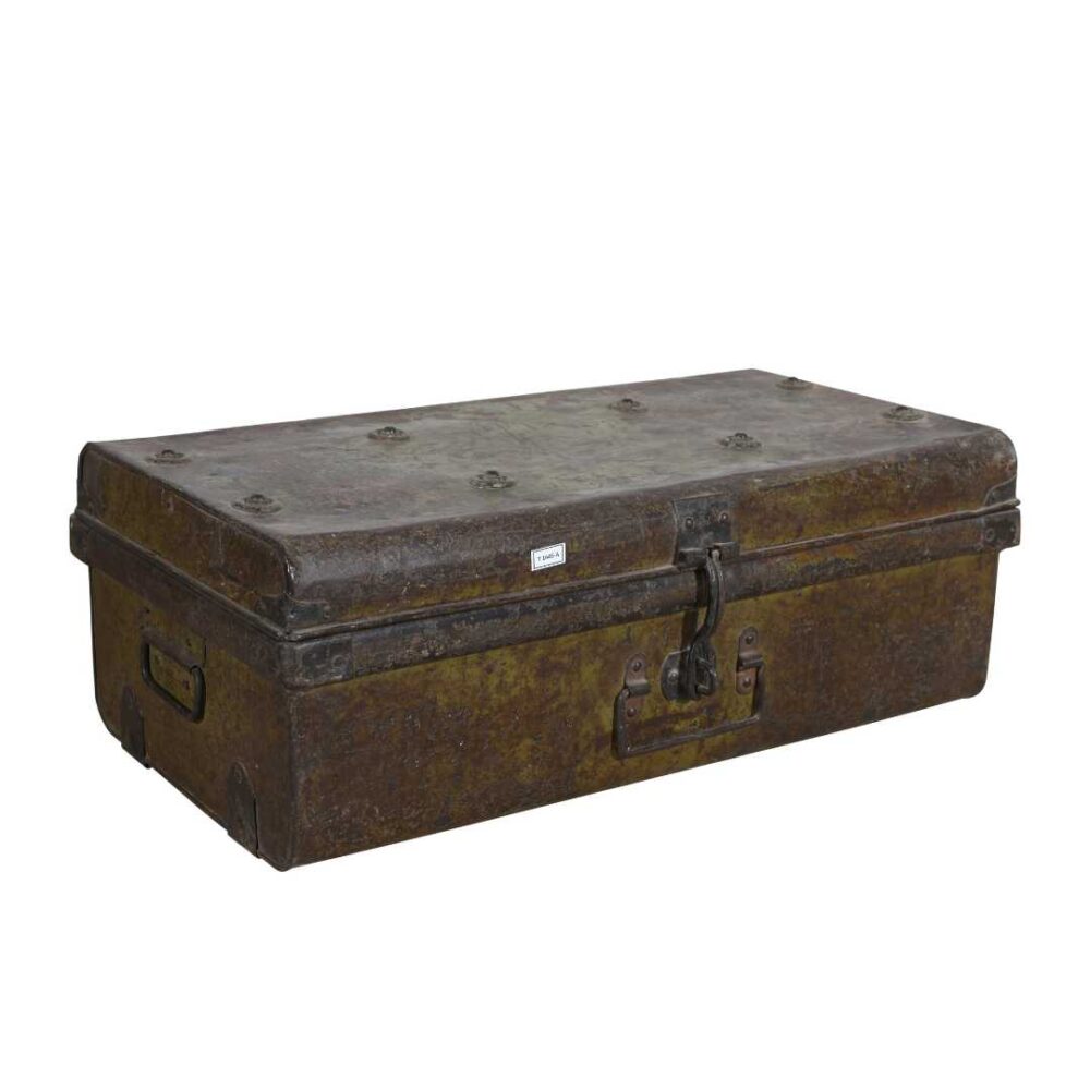 Vintage Ochre & Iron Indian Train Travel Case Chest Coffee Table – c.1930 - Image 2