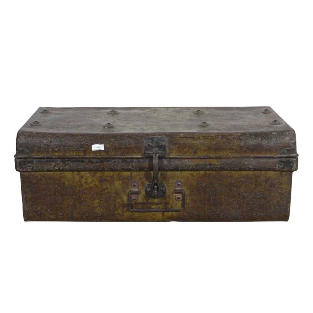 Vintage Ochre & Iron Indian Train Travel Case Chest Coffee Table – c.1930 - Image 3