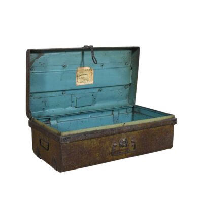 Vintage Ochre & Iron Indian Train Travel Case Chest Coffee Table – c.1930
