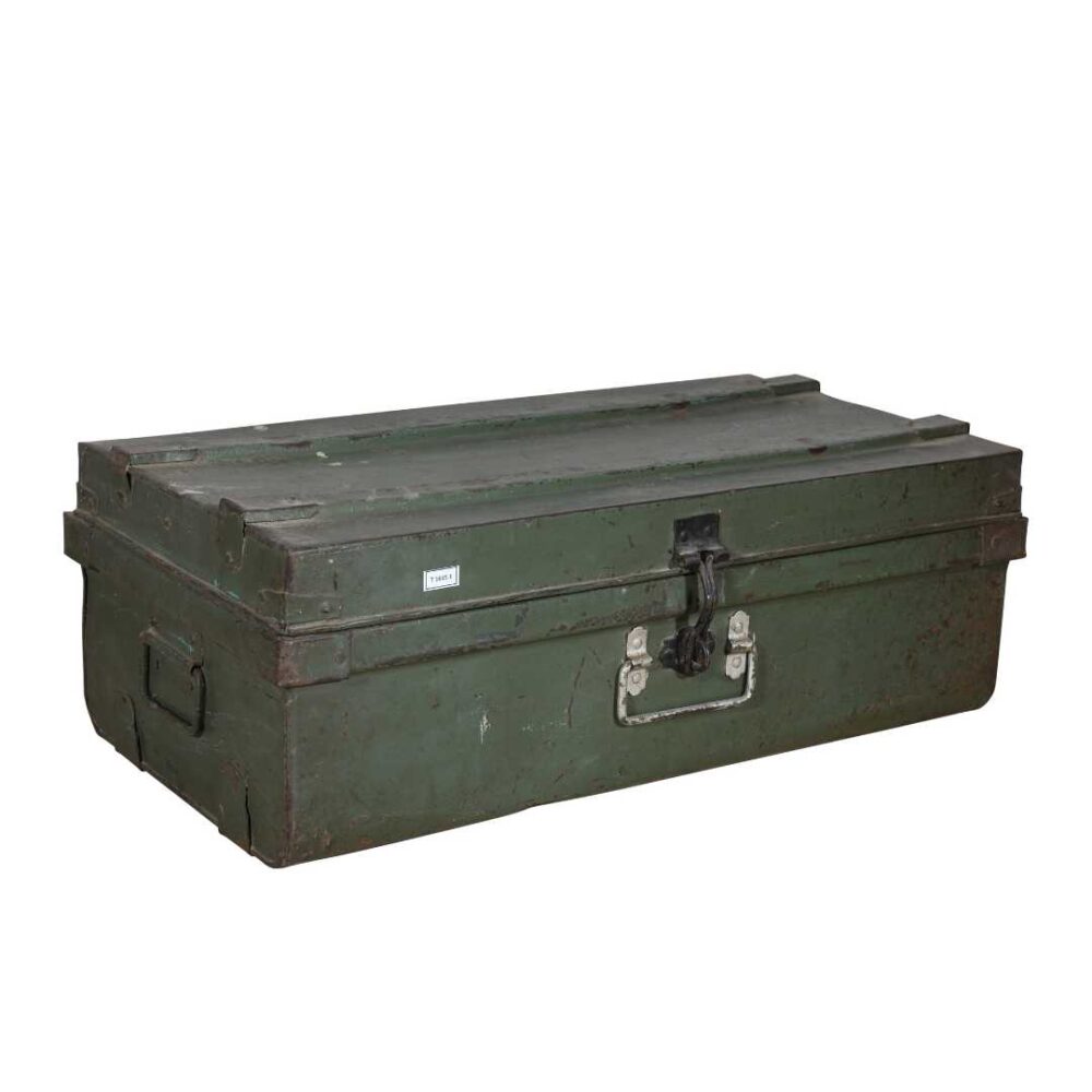 Vintage Olive Green Indian Iron Train Travel Case Chest Coffee Table – c.1930