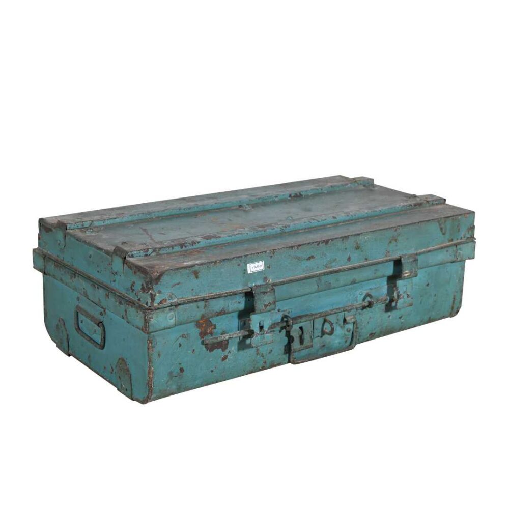 Vintage Turquoise Blue Indian Iron Train Travel Case Chest Coffee Table – c.1930
