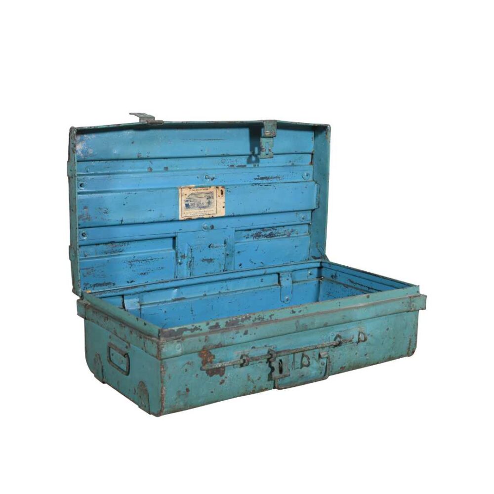 Vintage Turquoise Blue Indian Iron Train Travel Case Chest Coffee Table – c.1930 - Image 2